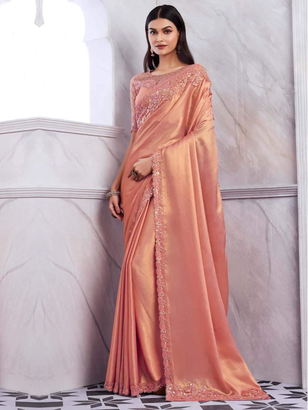 Exquisite Peach Sheer Chiffon Lightweight Weave Saree - Chiffon Saree