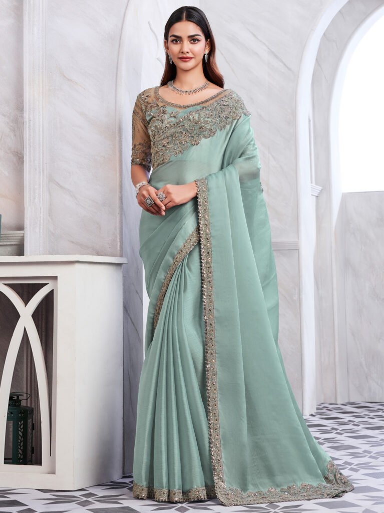 Regal Sea Green Sheer Chiffon Lightweight Weave Saree - Chiffon Saree