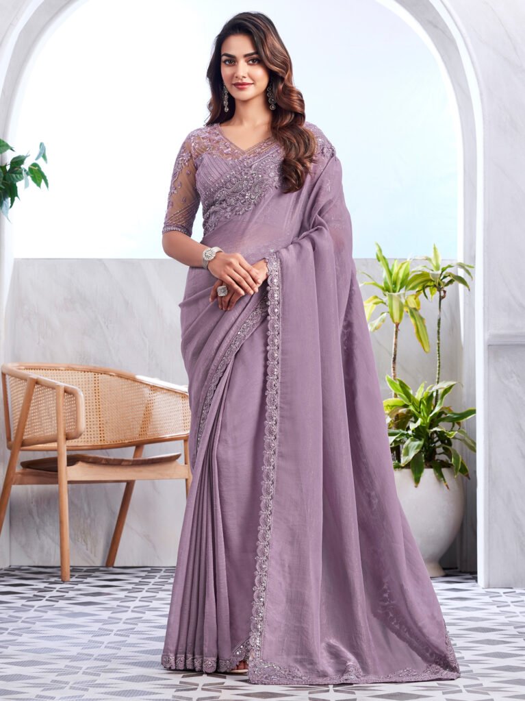 Regal Mauve Flowing Georgette Sequins Embellished Saree - Georgette Saree