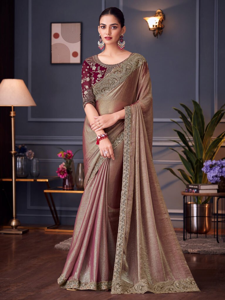 Burgundy Georgette Satin Saree - Georgette Saree