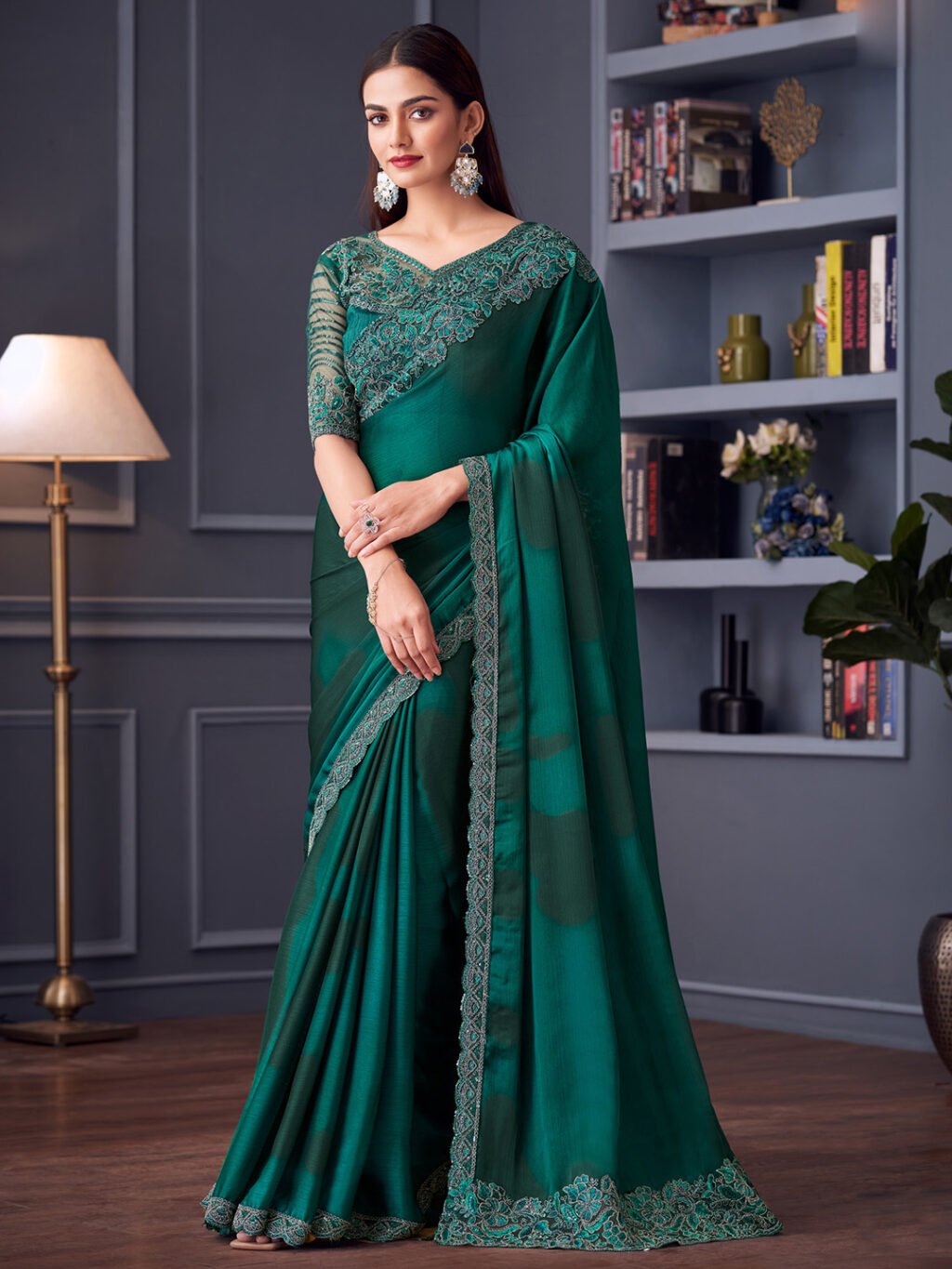Teal Blue Georgette Satin Saree - Sarees