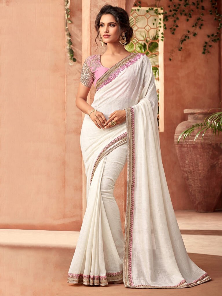 Radiant White Sheer Chiffon Floral Motifs Saree - Chiffon Saree