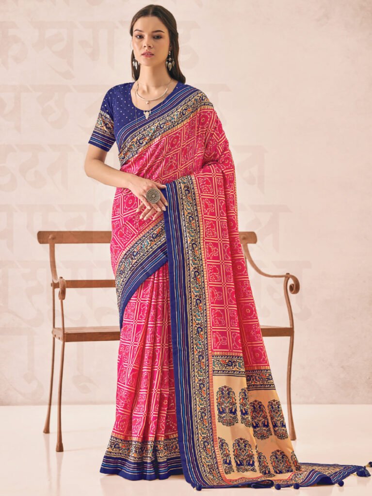 Heritage Pink Bandhani Silk Saree - Sarees