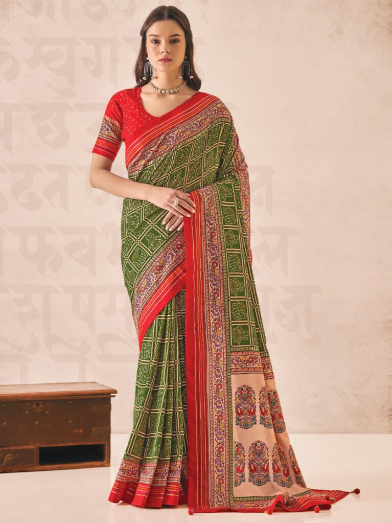 Timeless Green Bandhani Silk  Saree - Sarees
