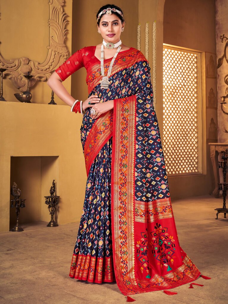 Gujrati Traditional  Blue Ikat Patola  Saree - Sarees