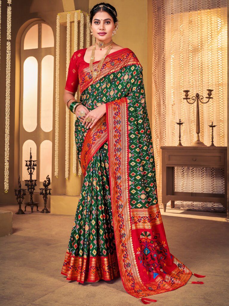 Gujrati Green Traditional Ikat Patola Silk Saree - Sarees
