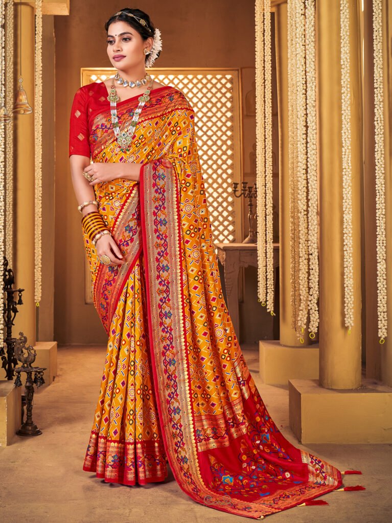 Gujrati Mustard Traditional Ikat Patola Silk Saree - Sarees