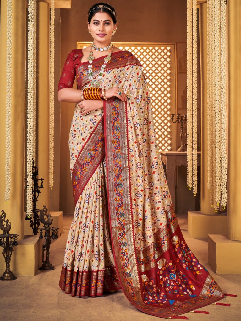 Traditional Cream Ikat Patola Silk Saree - Sarees