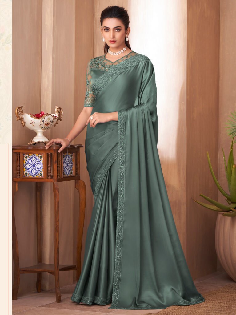 Sea Green Satin Georgette Saree - Sarees