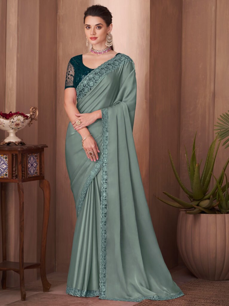 Heritage Sea Green Designer Georgette Zari Saree - Sarees