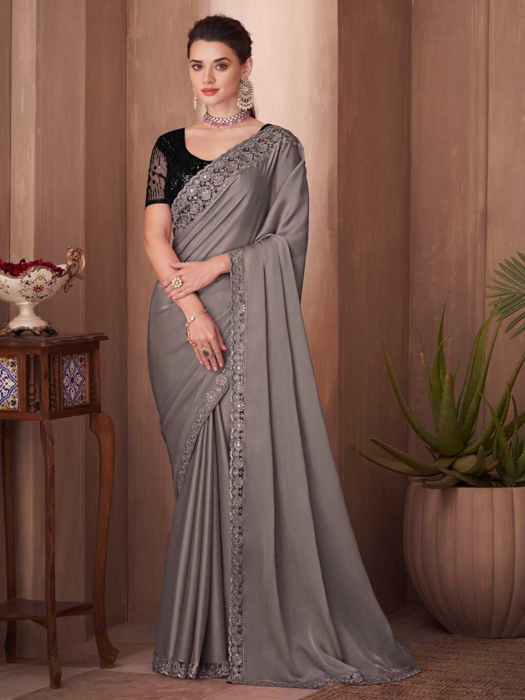 Heritage Grey Designer Georgette Zari Saree - Sarees