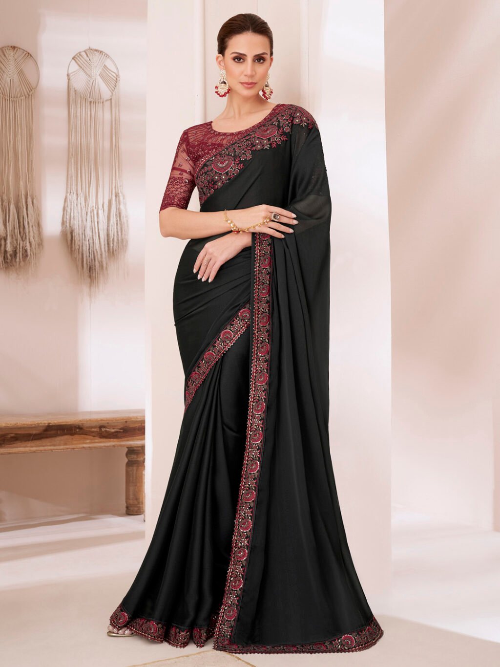 Regal Black Sheer Chiffon Floral Motifs Saree - Chiffon Saree