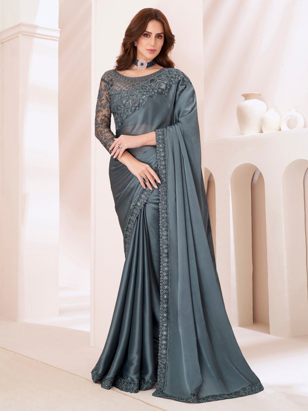 Opulent Grey Flowing Georgette Sequins Saree - Georgette Saree