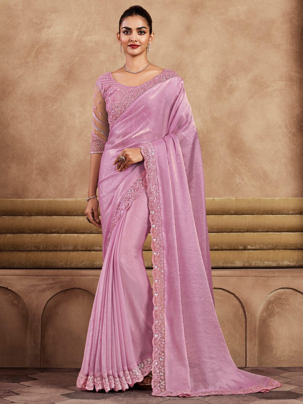 Graceful Pink Organza Saree - Sarees