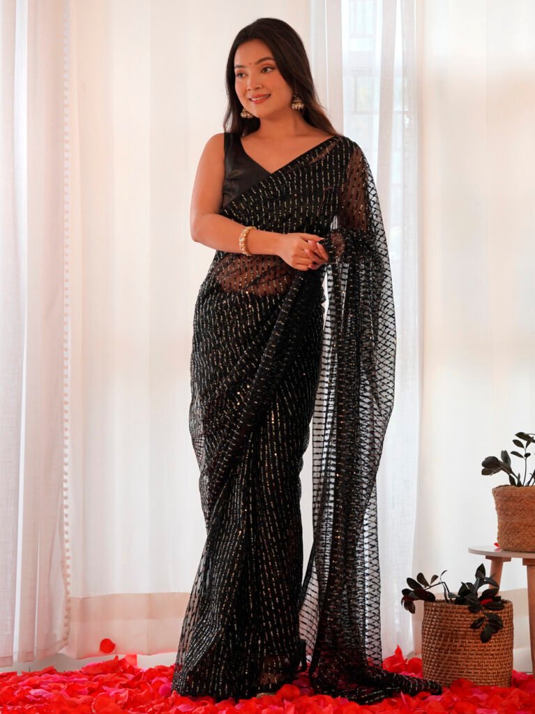 Graceful Black Designer Zari Woven Distinct Saree - Net Saree