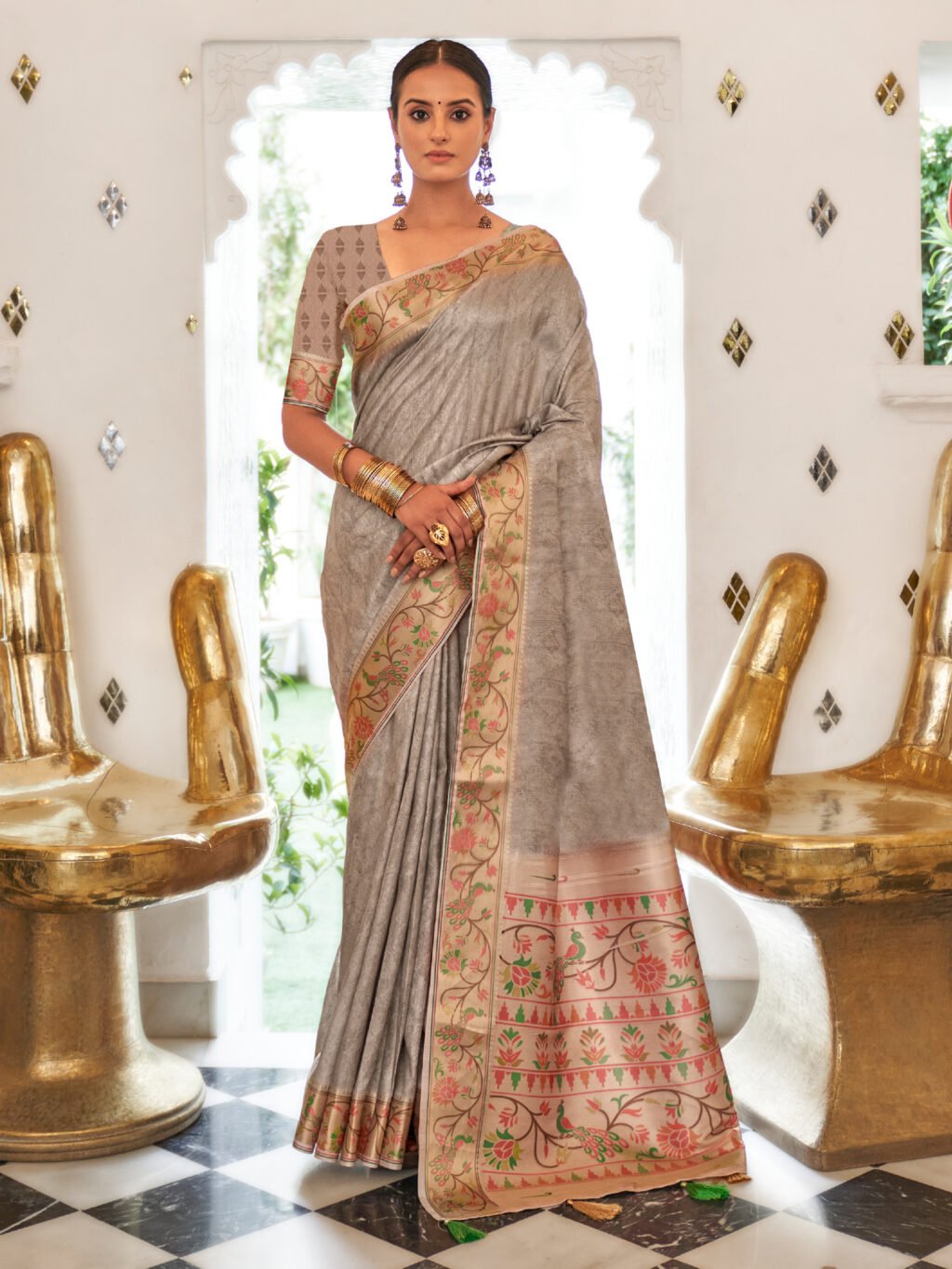 Radiant Charcoal Grey Paithani Silk Saree - Sarees