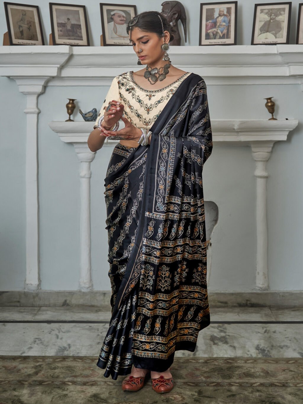 Black Crepe Hand Printed Saree - Printed Saree