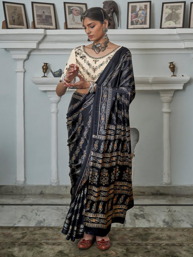 Black Crepe Hand Printed Saree - Printed Saree