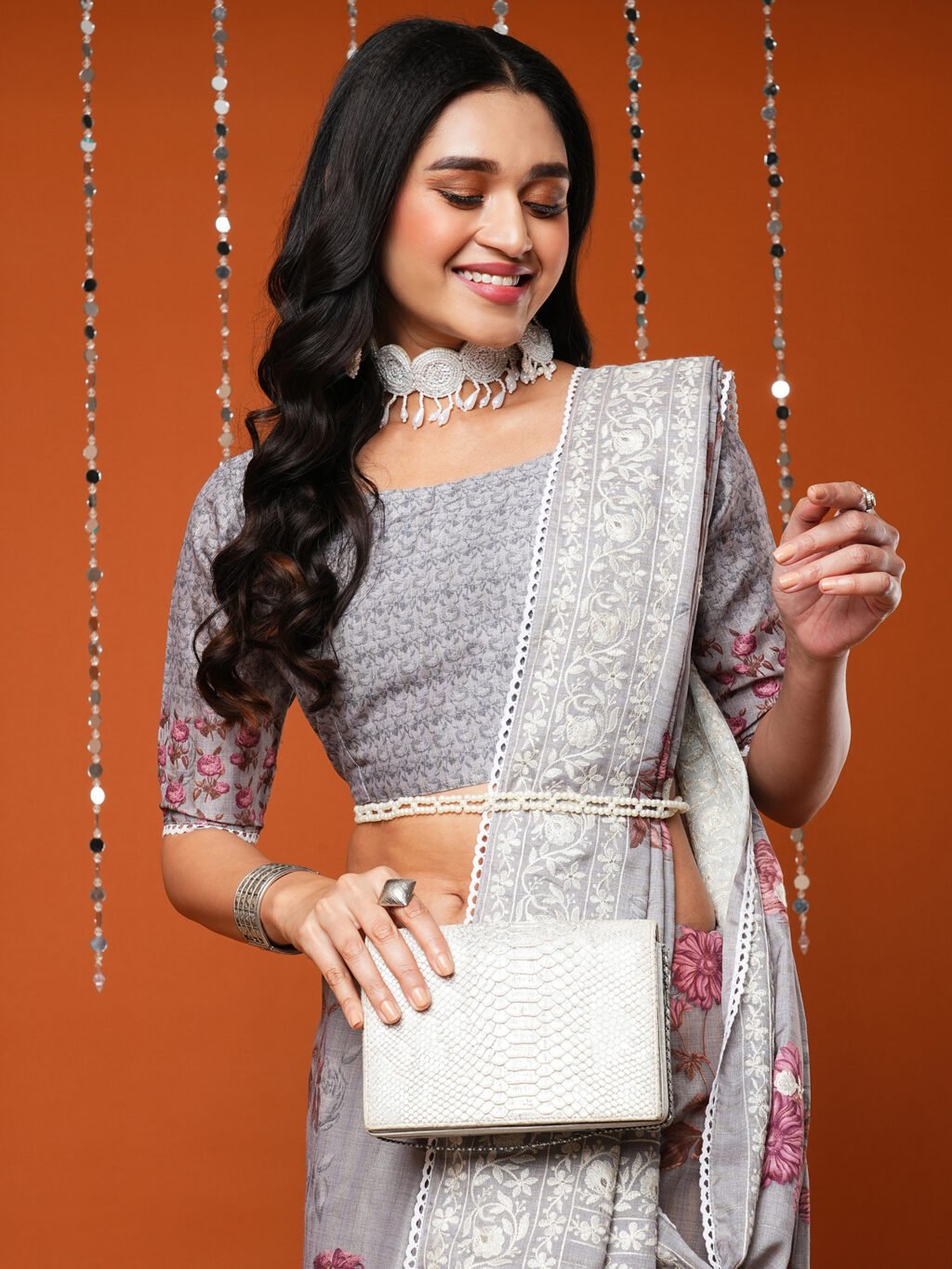 Regal Grey Floral Print Dola Silk Saree - Sarees