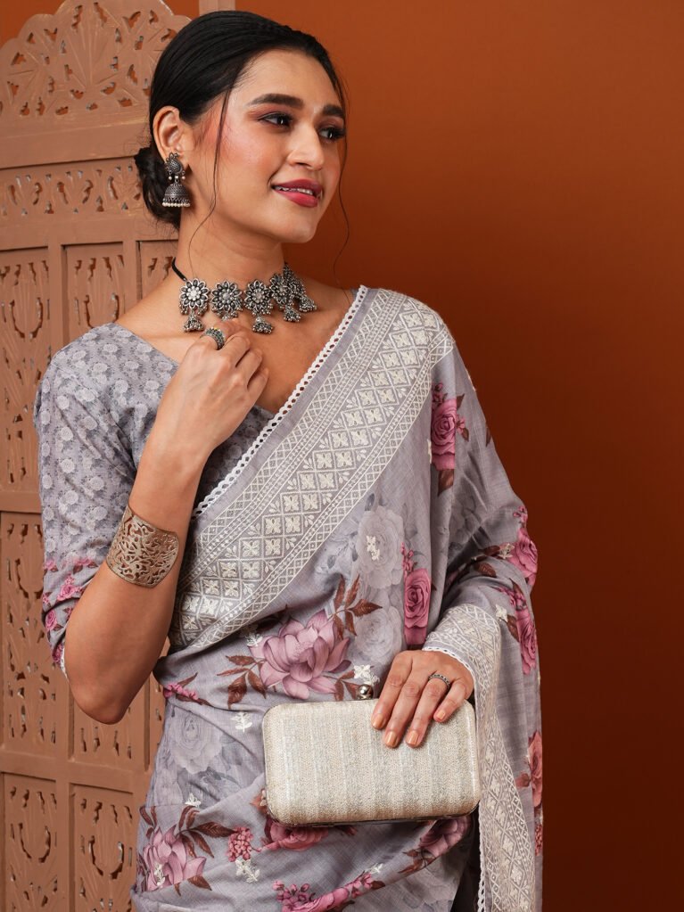 Exquisite Grey Floral Print Dola Silk Saree - Sarees