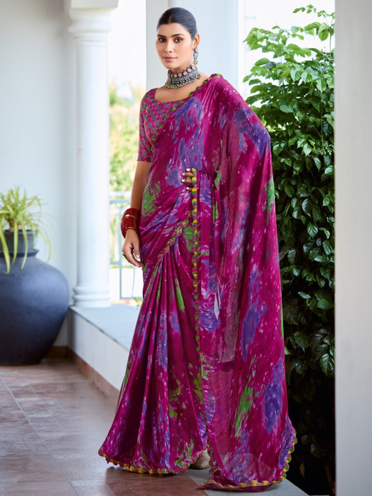 Magenta Printed Satin  Saree - Sarees