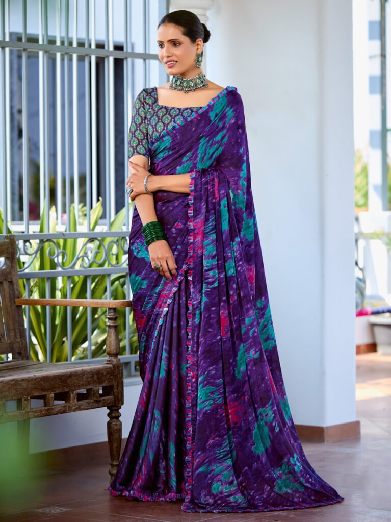 Purple Printed Satin Saree - Sarees