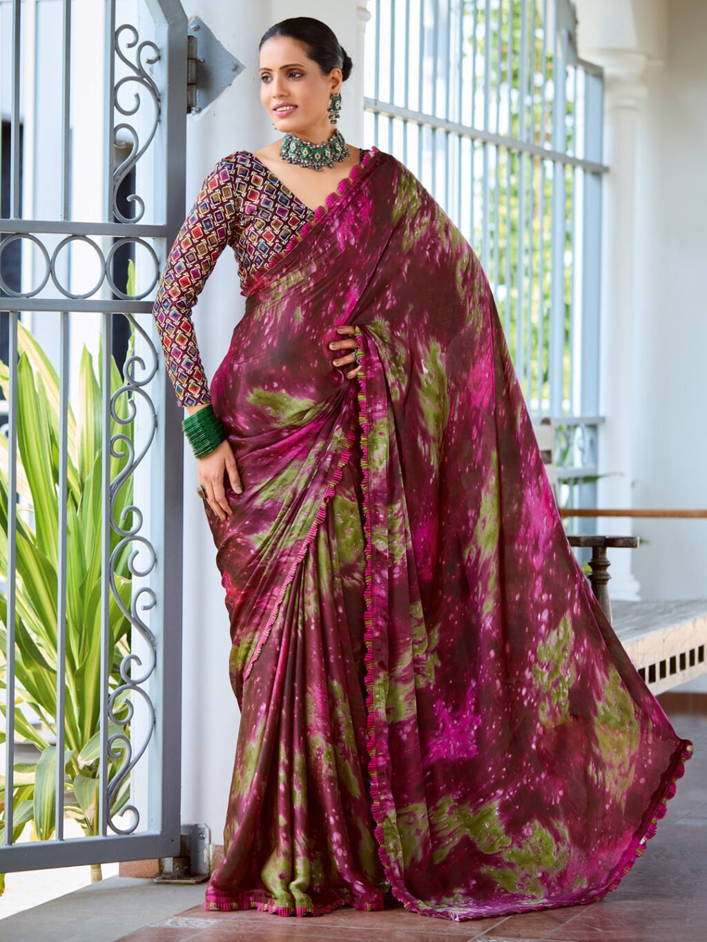 Elegant Brown Printed Satin Saree - Sarees