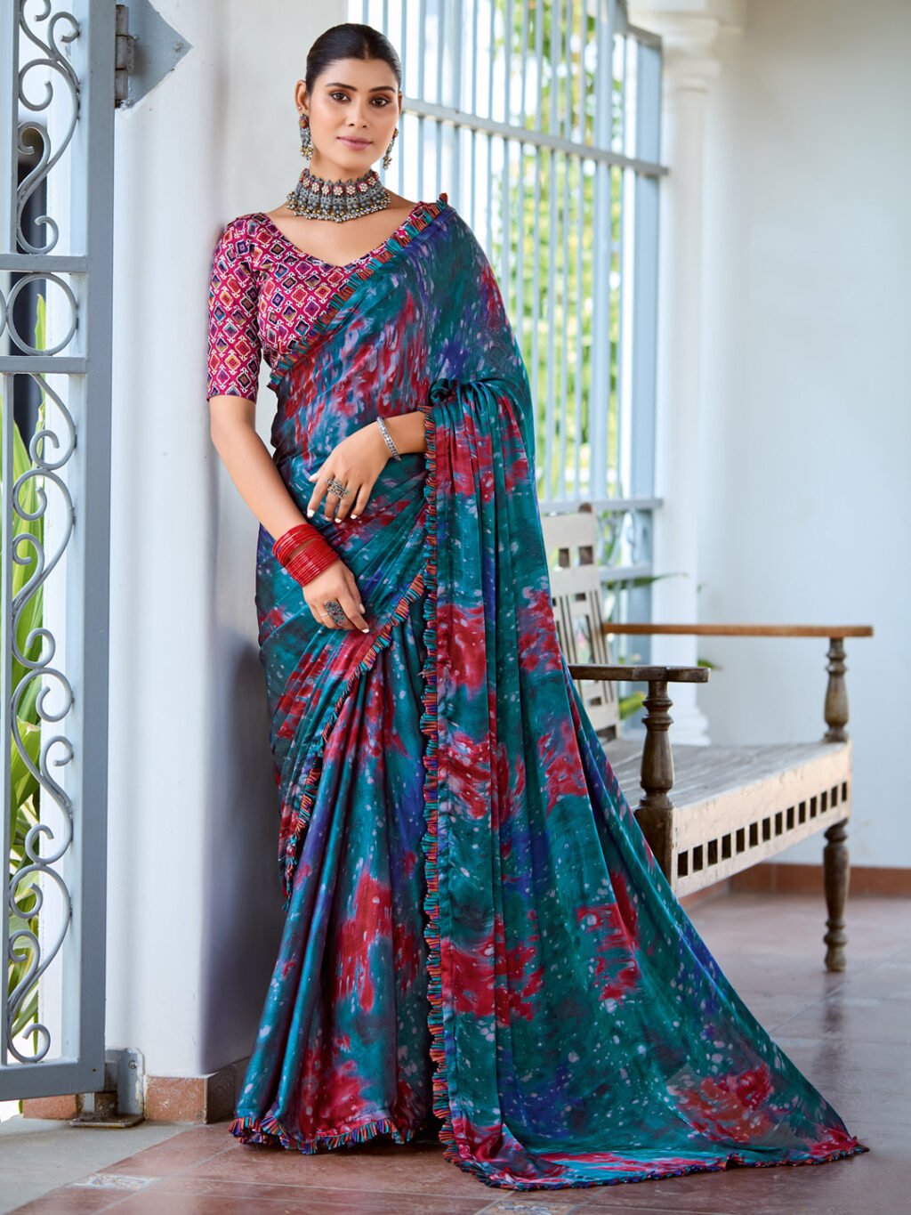 Teal Blue Printed Satin Saree - Sarees