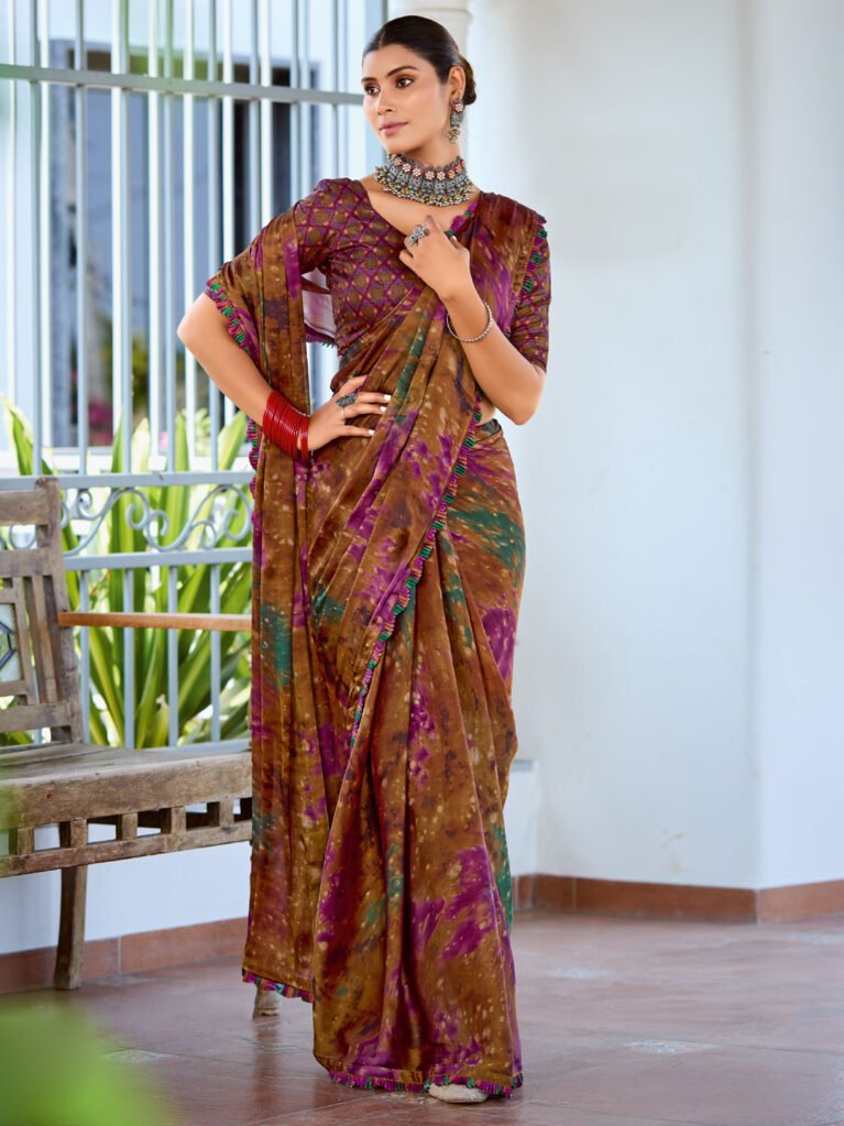 Graceful Brown Printed Satin Saree - Sarees