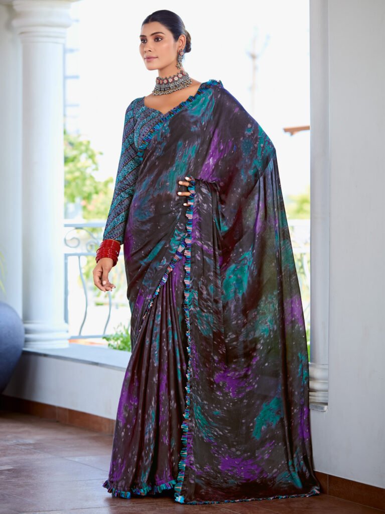 Opulent Black Satin  Saree - Sarees