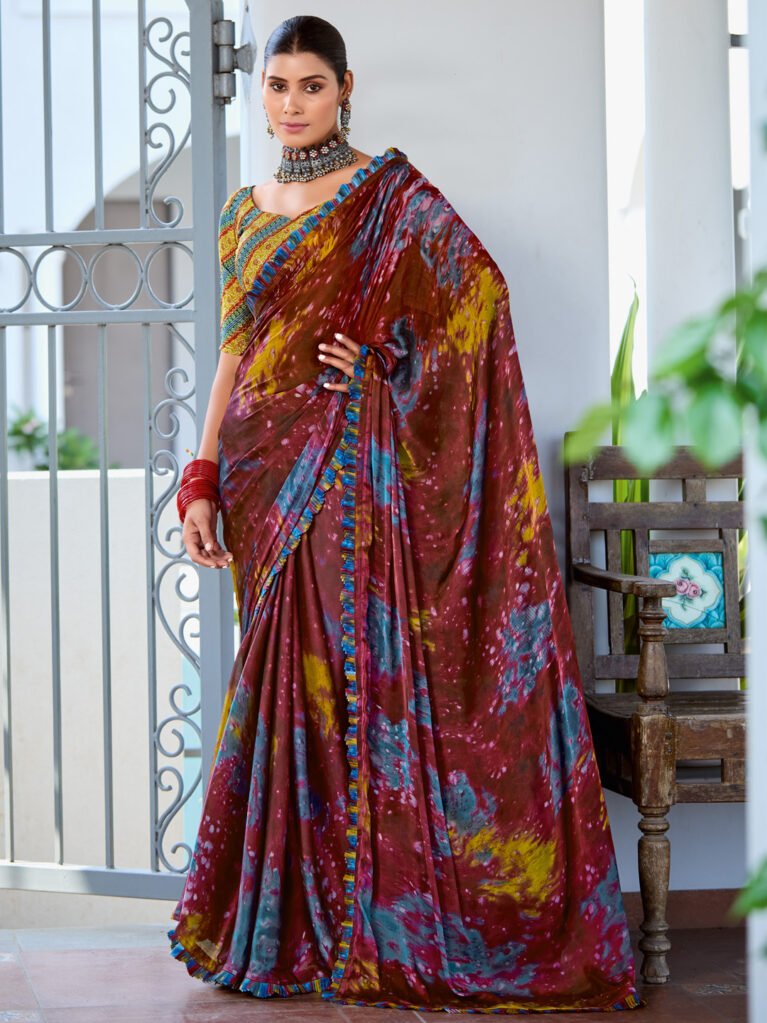 Brown Printed Satin Saree - Sarees