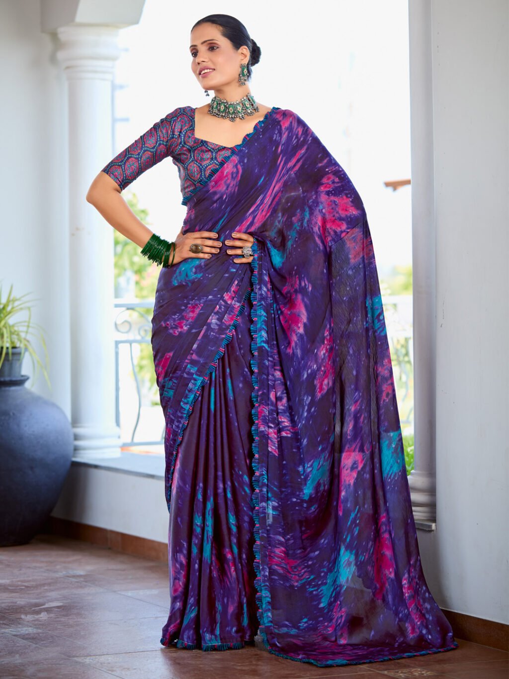 Graceful Purple Printed Satin Saree - Sarees