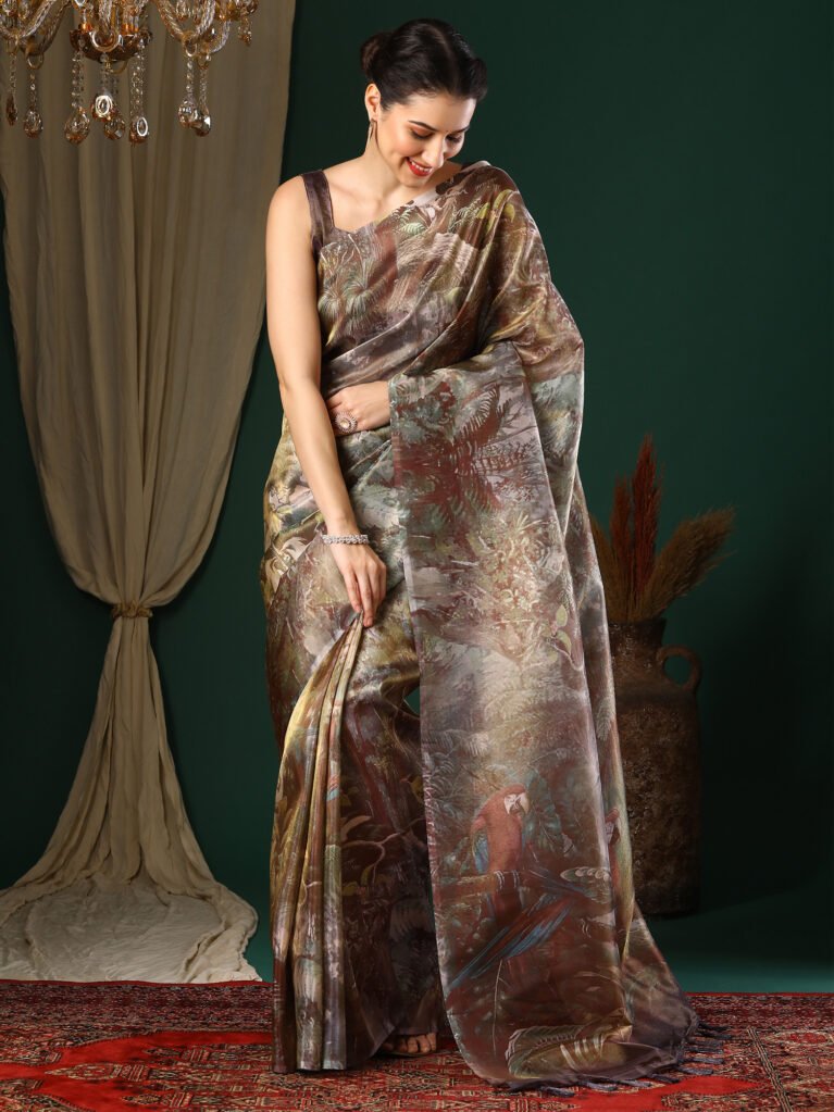 Radiant Brown Organza Printed Saree - Printed Saree