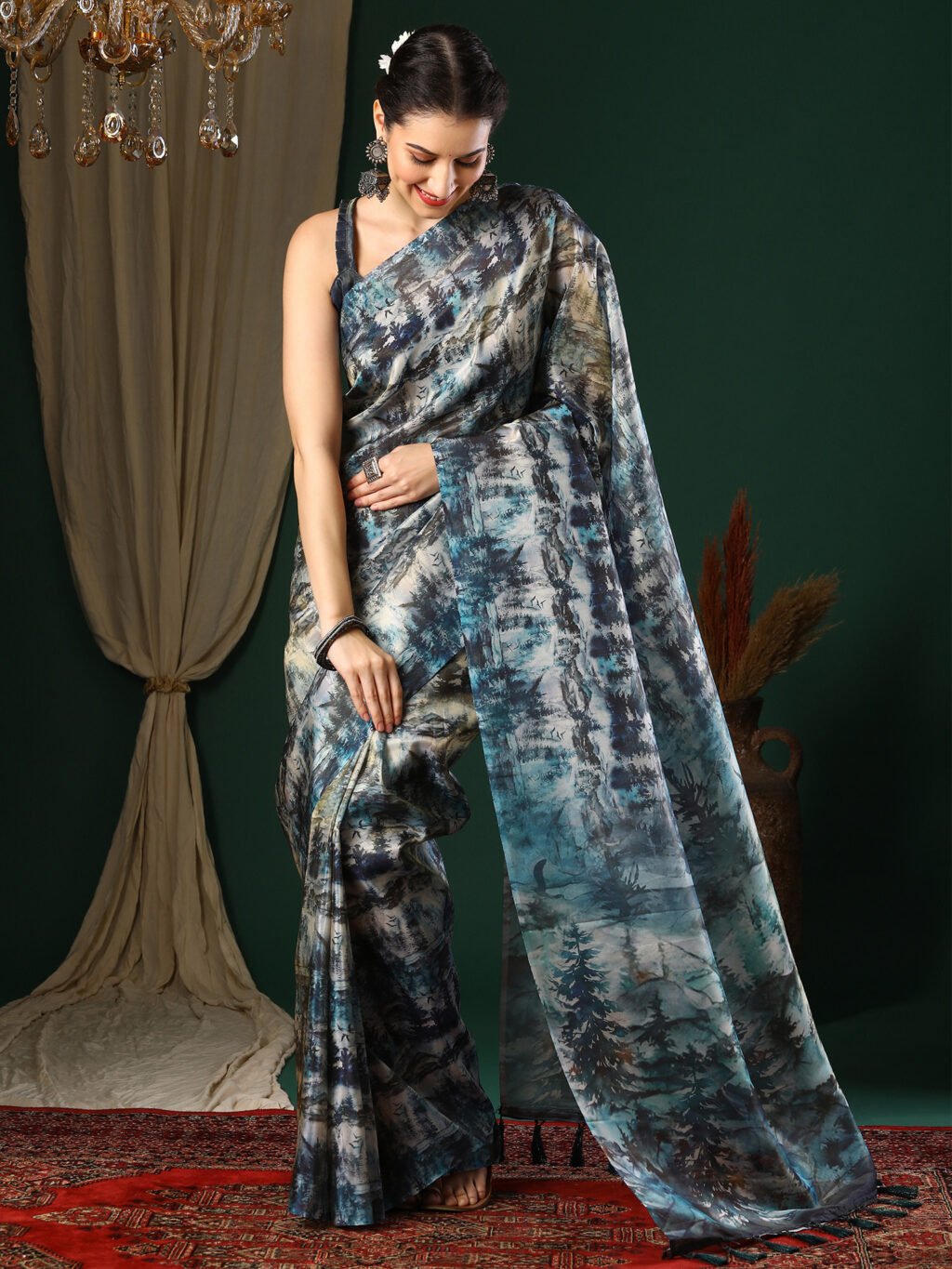 Charcoal Grey Organza Printed Saree - Printed Saree