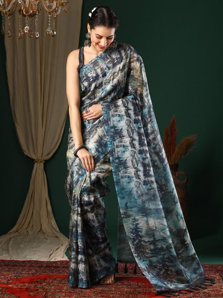 Charcoal Grey Organza Printed Saree - Printed Saree