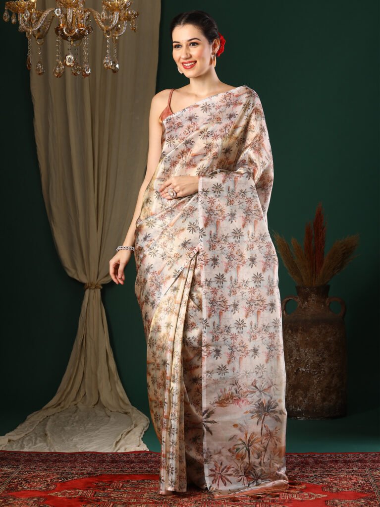 Radiant Cream Organza Printed Saree - Printed Saree