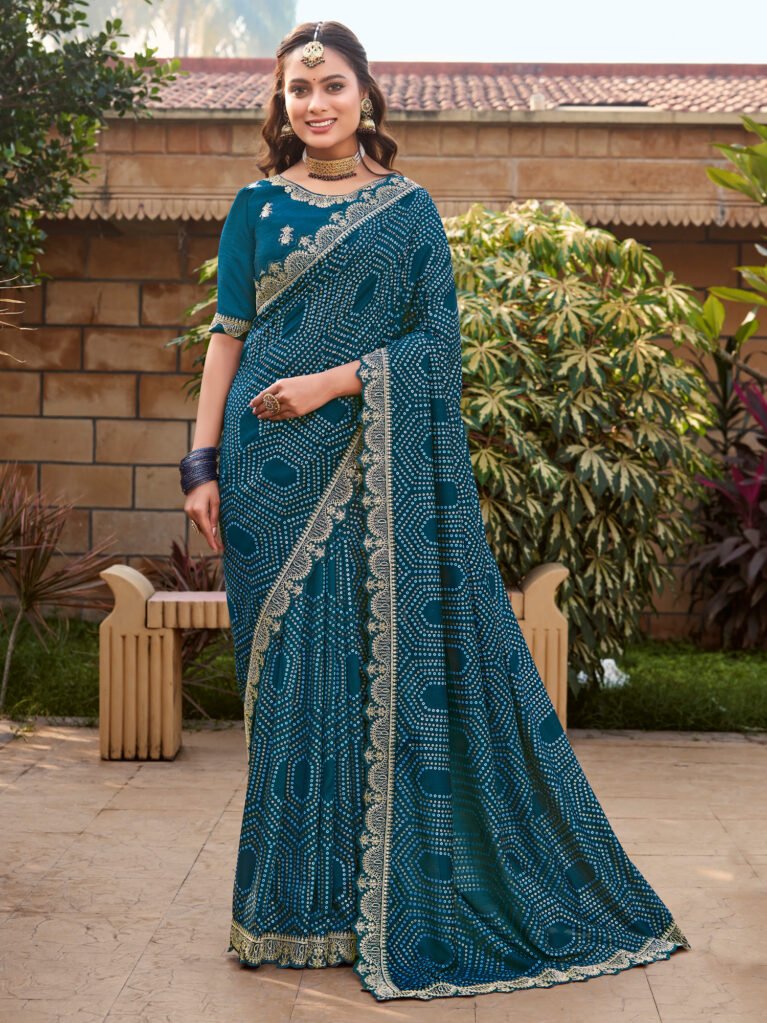 Teal Blue Bandhani Georgette Saree - Sarees