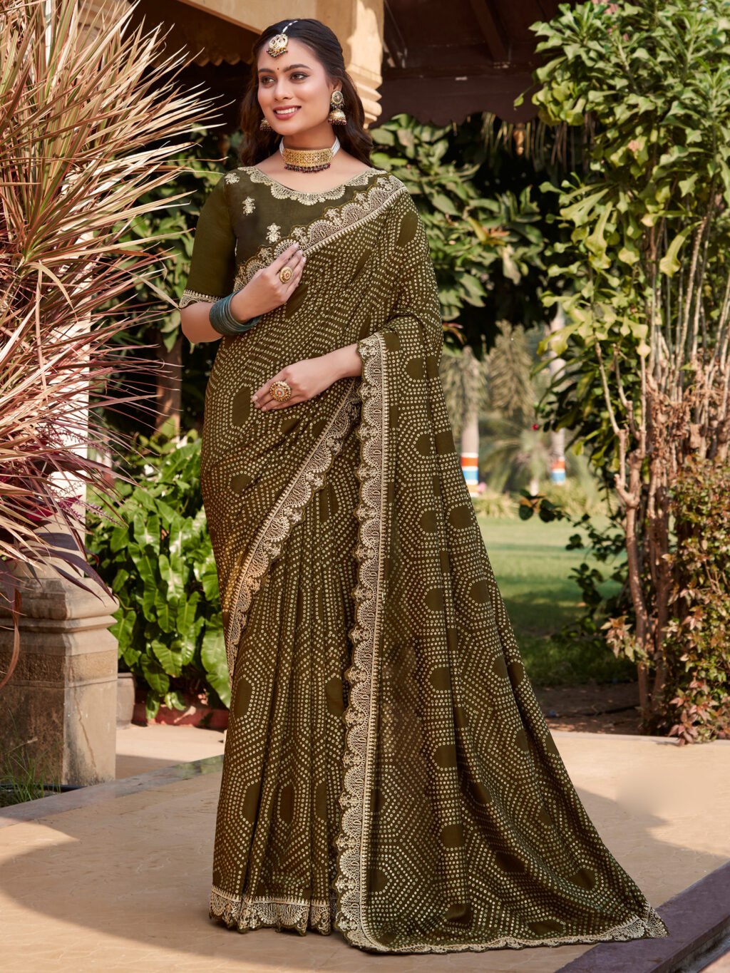 Olive Bandhani Georgette Saree - Sarees