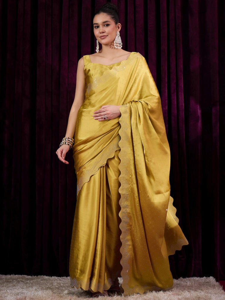 Elegant Mustard Satin Silk Saree - Sarees