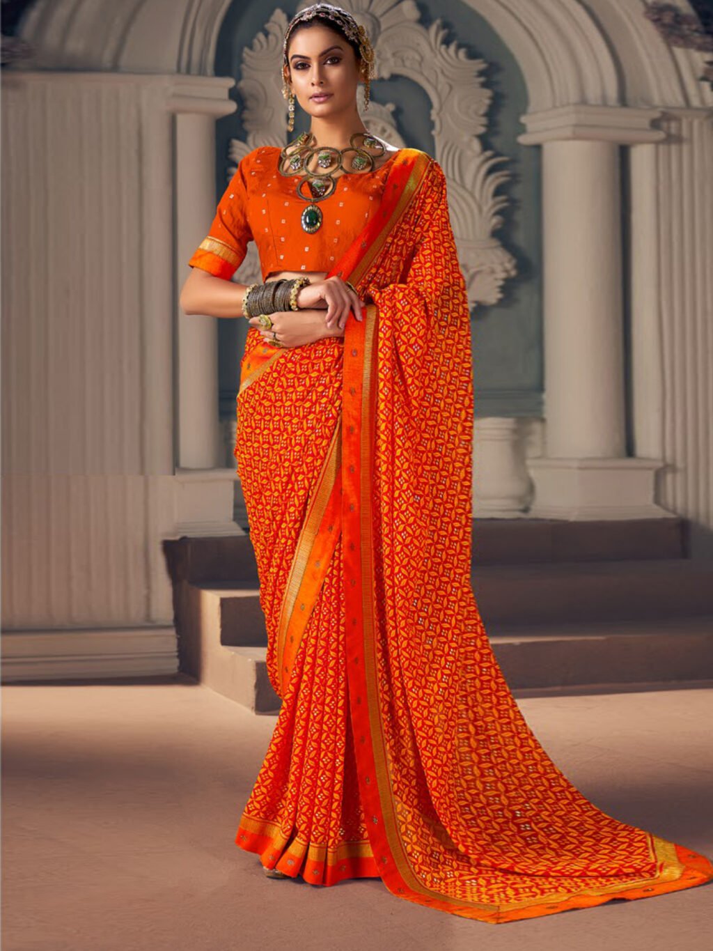 Exquisite Orange Georgette Printed Saree - Printed Saree