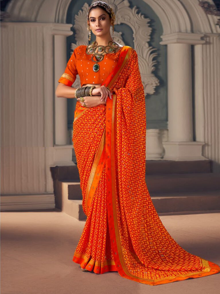 Exquisite Orange Georgette Printed Saree - Printed Saree