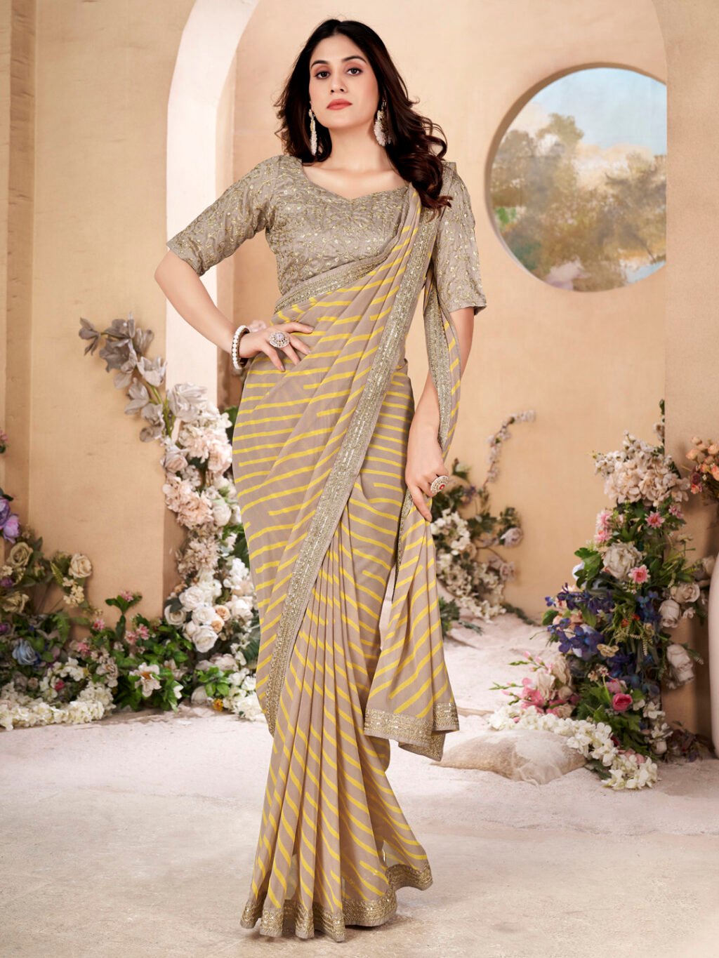 Radiant Beige Georgette Leheriya Saree - Georgette Saree