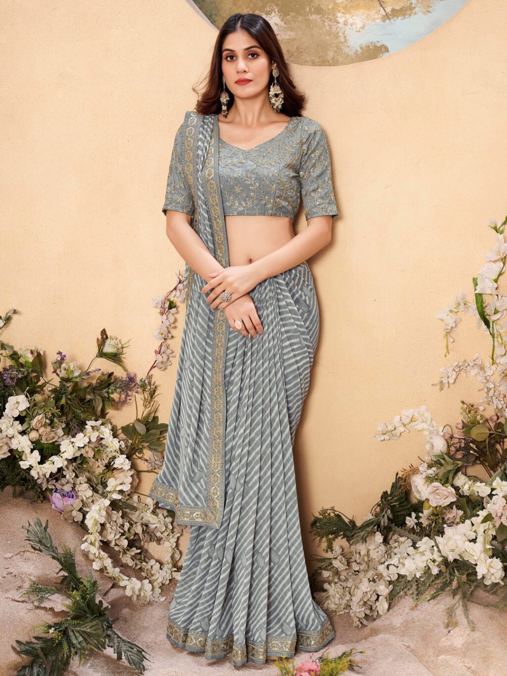 Opulent Grey Georgette Sequins Leheriya Saree - Georgette Saree