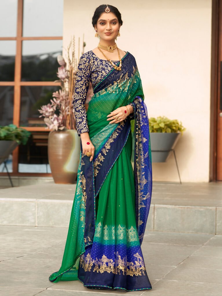Exquisite Green Sheer Chiffon Floral Motifs Saree - Chiffon Saree