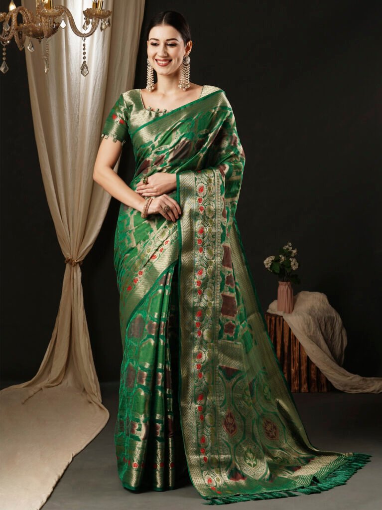 Heritage Teal green Organza Banarasi Saree - Banarasi Saree
