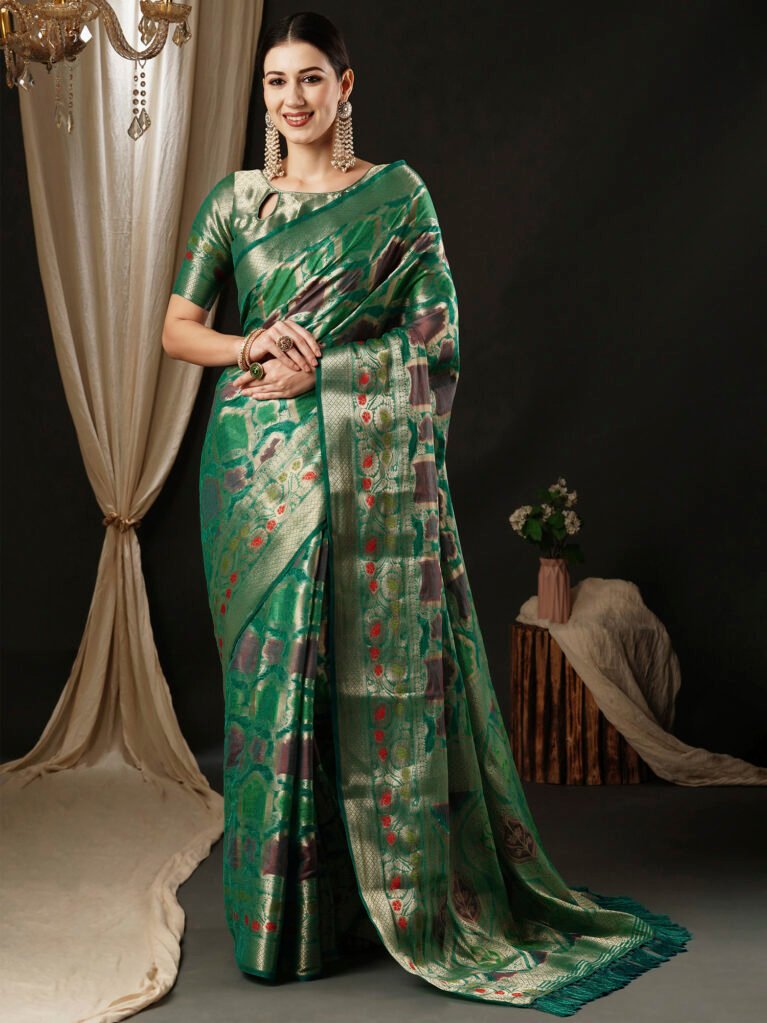 Teal Blue Organza Banarasi Saree - Banarasi Saree