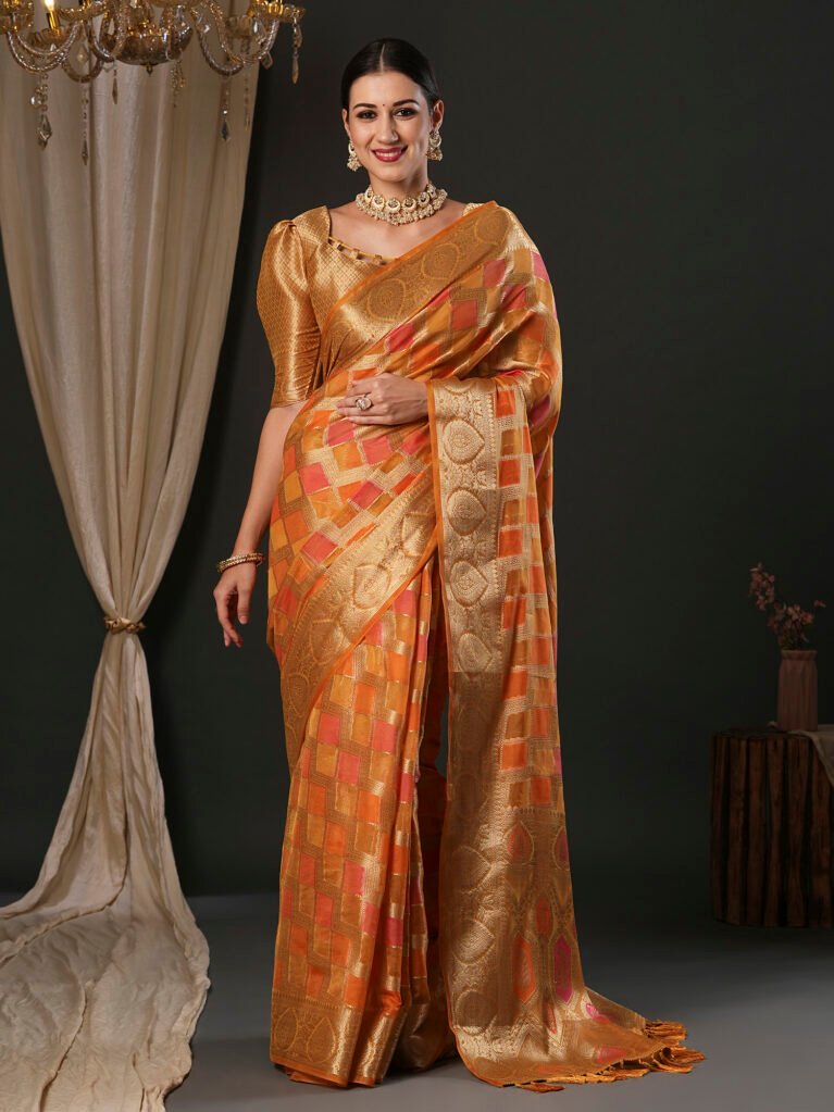Heritage Orange Organza Silk Zari Saree - Organza Saree