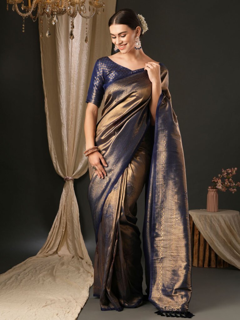 Navy Blue Banarasi Silk Saree - Sarees