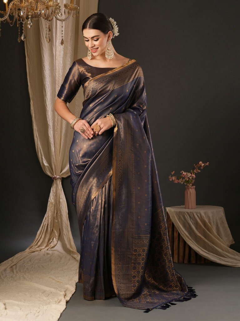 Navy Blue Banarasi Silk Saree - Sarees
