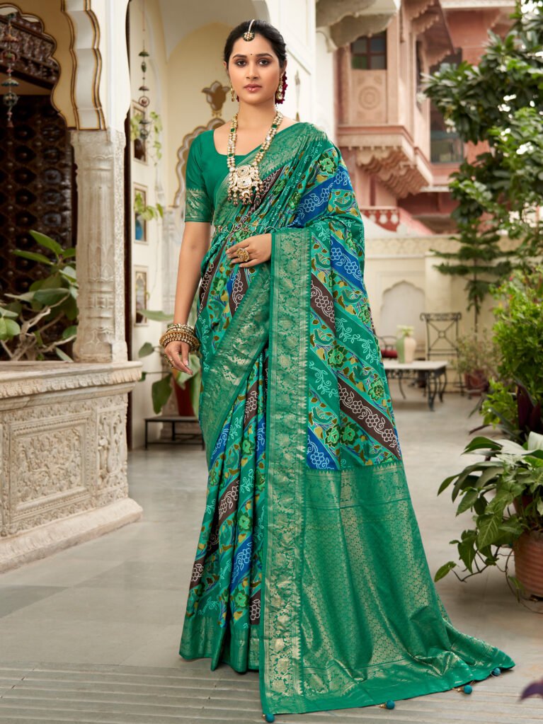 Teal green Floral Patola Silk Saree - Sarees
